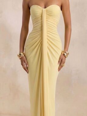 Strapless Ruched Column Dress in Pale Yellow by
